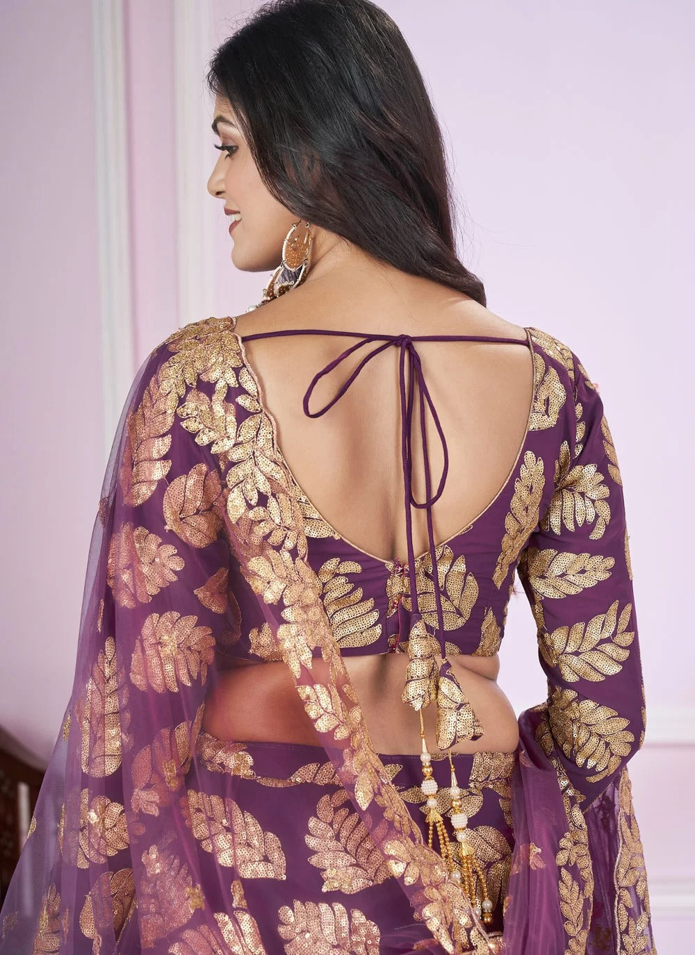 Designer purple georgette sangeet lehenga with sequins zari embroidery