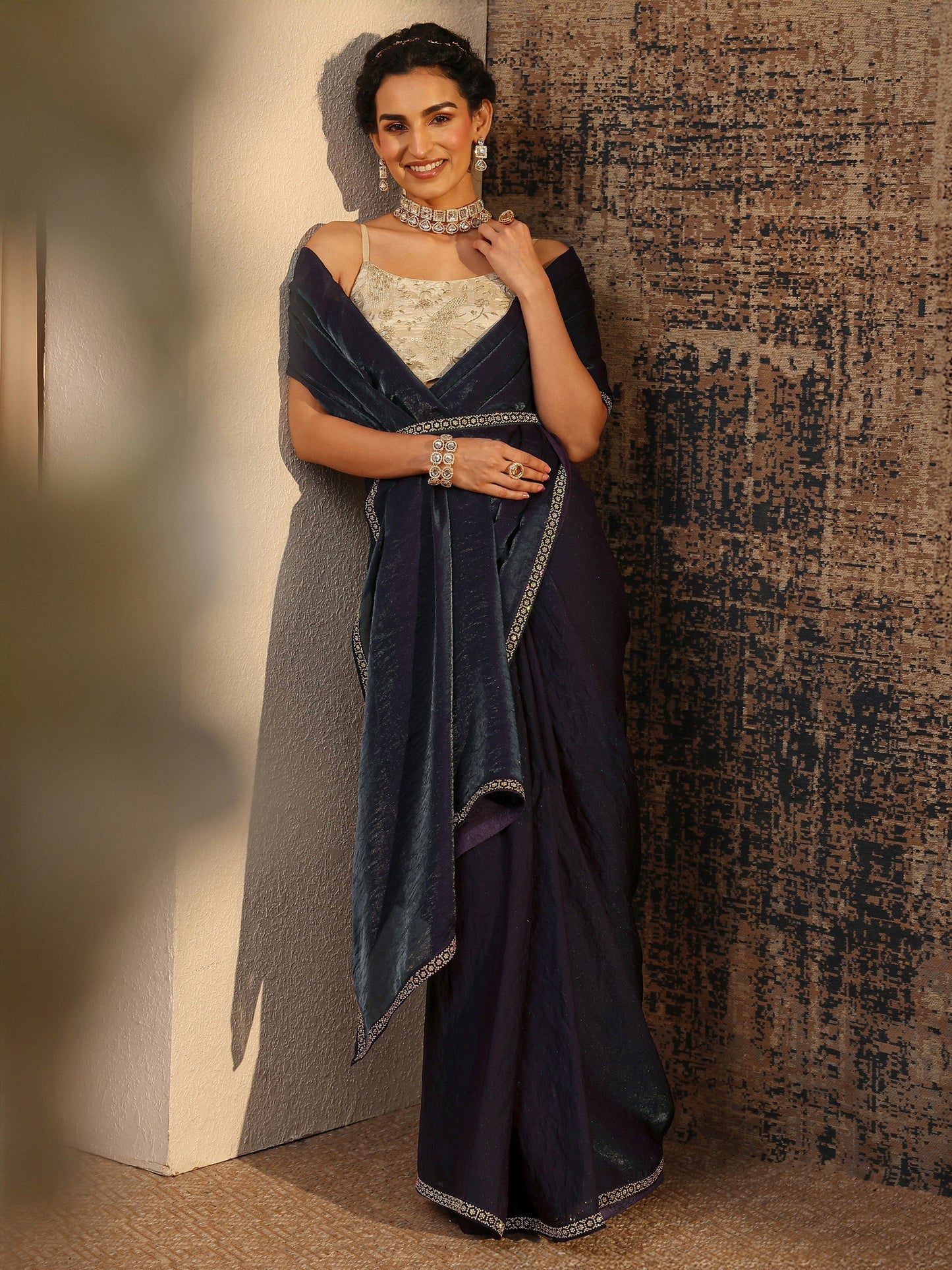 Libas Purple Solid Satin Saree With Unstitched Blouse Piece