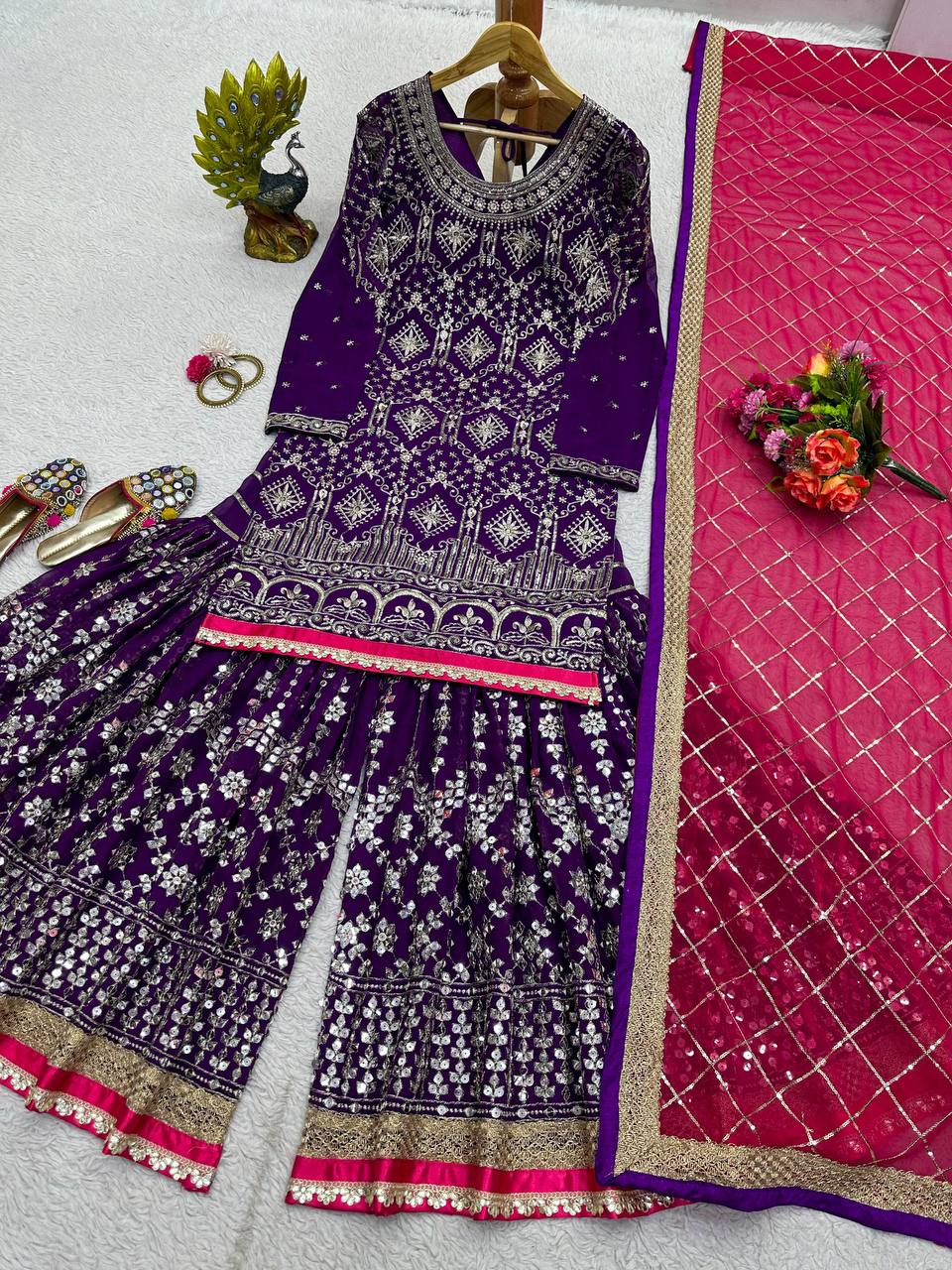 Purple Stylish Fox Georgette Sharara Set with Sequin, Thread & Dori Work Fancy Lace Border