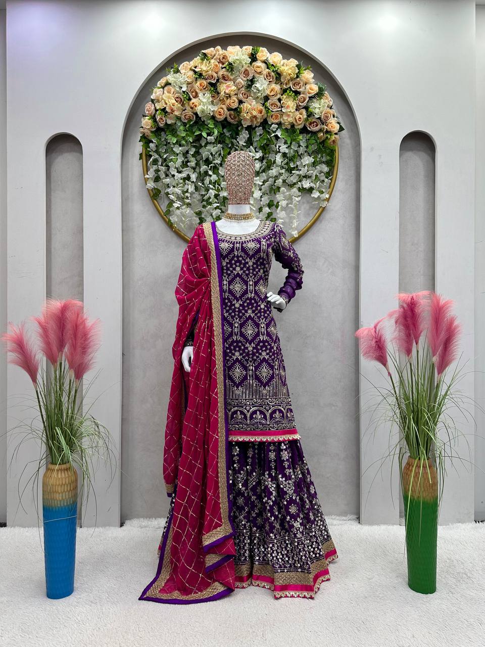 Purple Stylish Fox Georgette Sharara Set with Sequin, Thread & Dori Work Fancy Lace Border