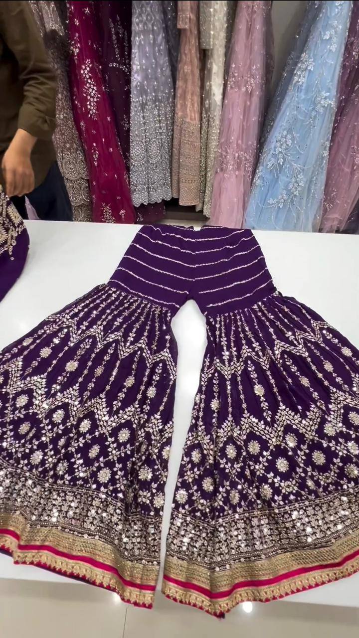 Purple Stylish Fox Georgette Sharara Set with Sequin, Thread & Dori Work Fancy Lace Border