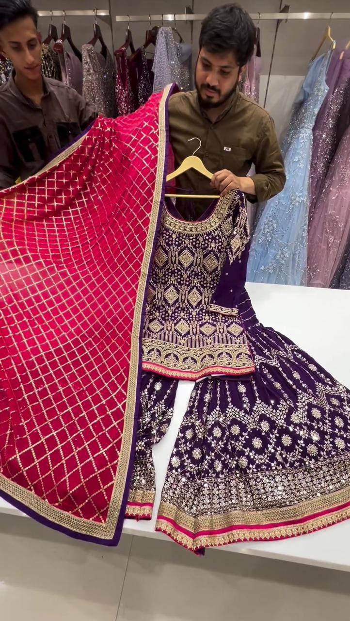 Purple Stylish Fox Georgette Sharara Set with Sequin, Thread & Dori Work Fancy Lace Border
