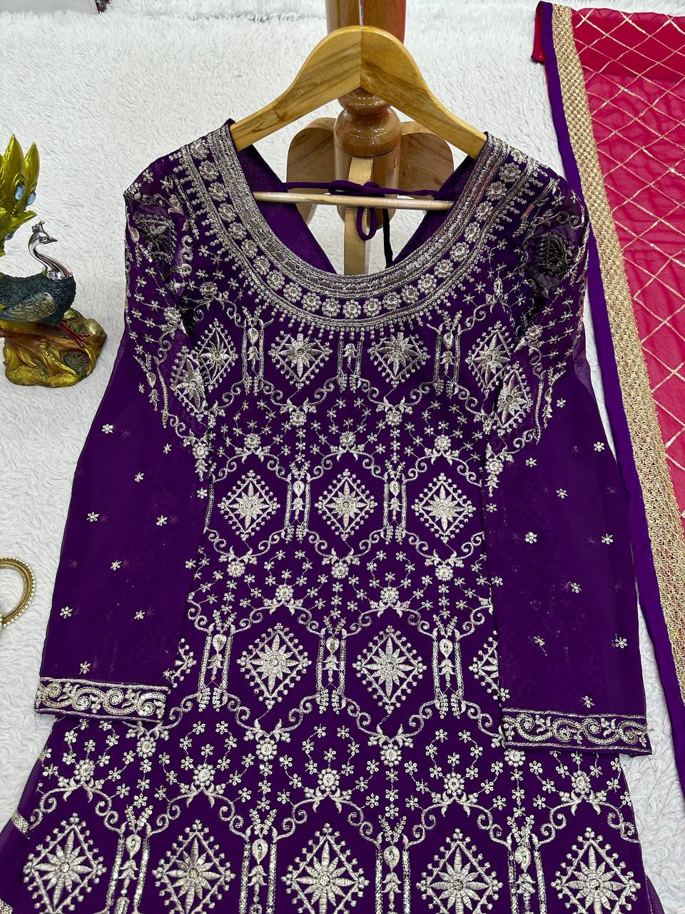 Purple Stylish Fox Georgette Sharara Set with Sequin, Thread & Dori Work Fancy Lace Border