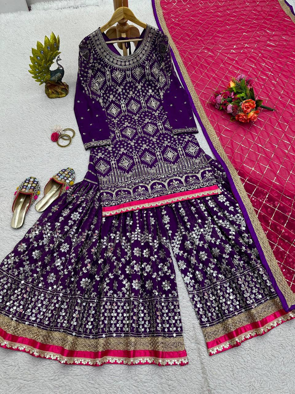 Purple Stylish Fox Georgette Sharara Set with Sequin, Thread & Dori Work Fancy Lace Border