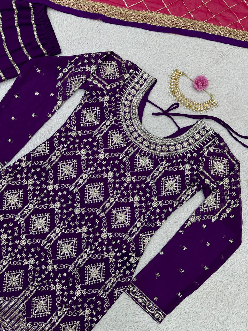 Purple Stylish Fox Georgette Sharara Set with Sequin, Thread & Dori Work Fancy Lace Border