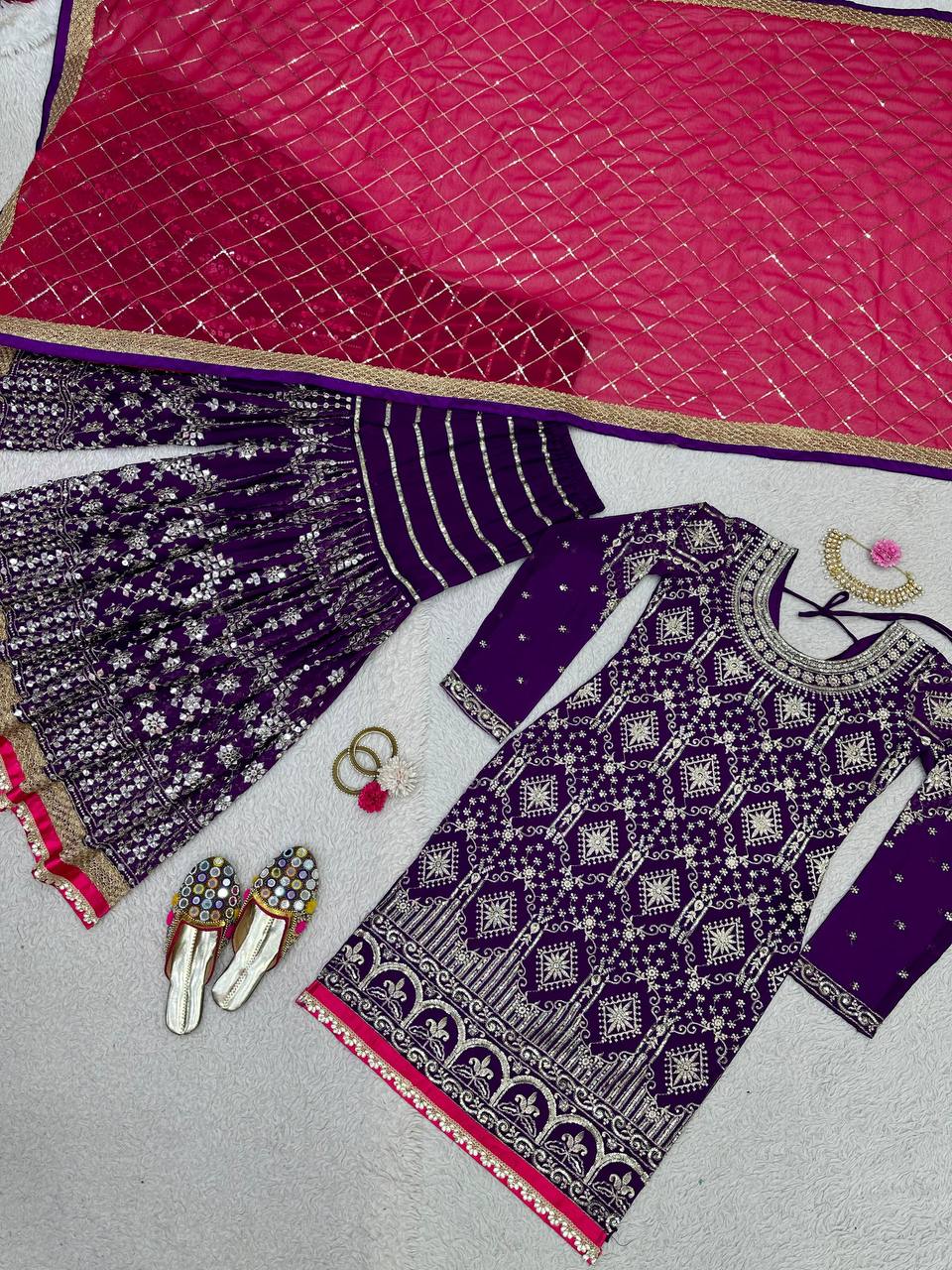 Purple Stylish Fox Georgette Sharara Set with Sequin, Thread & Dori Work Fancy Lace Border