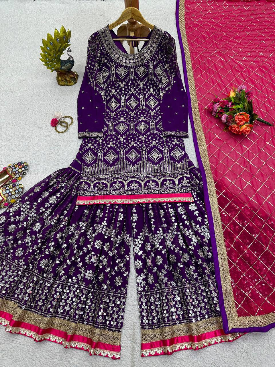 Purple Stylish Fox Georgette Sharara Set with Sequin, Thread & Dori Work Fancy Lace Border