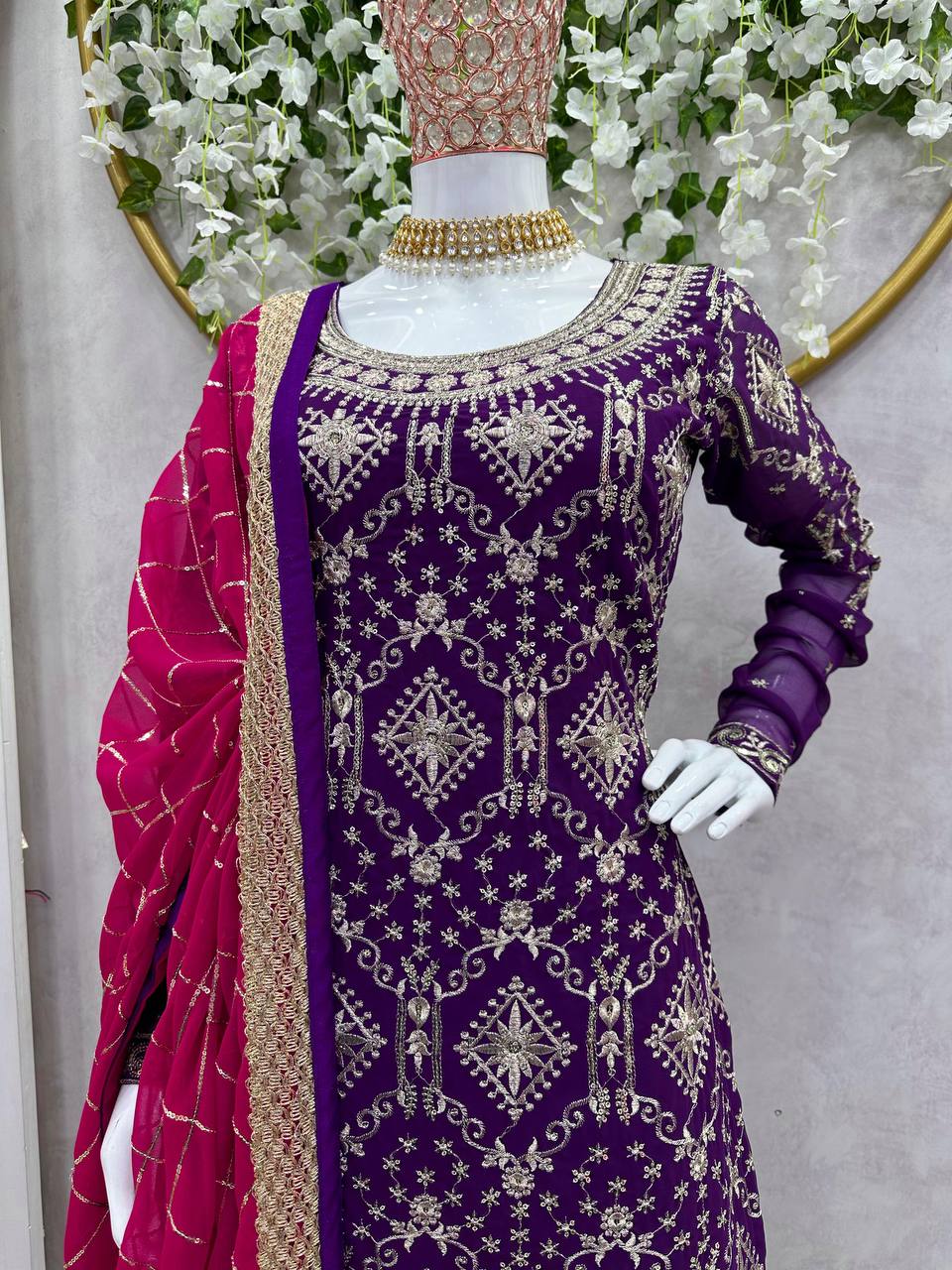 Purple Stylish Fox Georgette Sharara Set with Sequin, Thread & Dori Work Fancy Lace Border