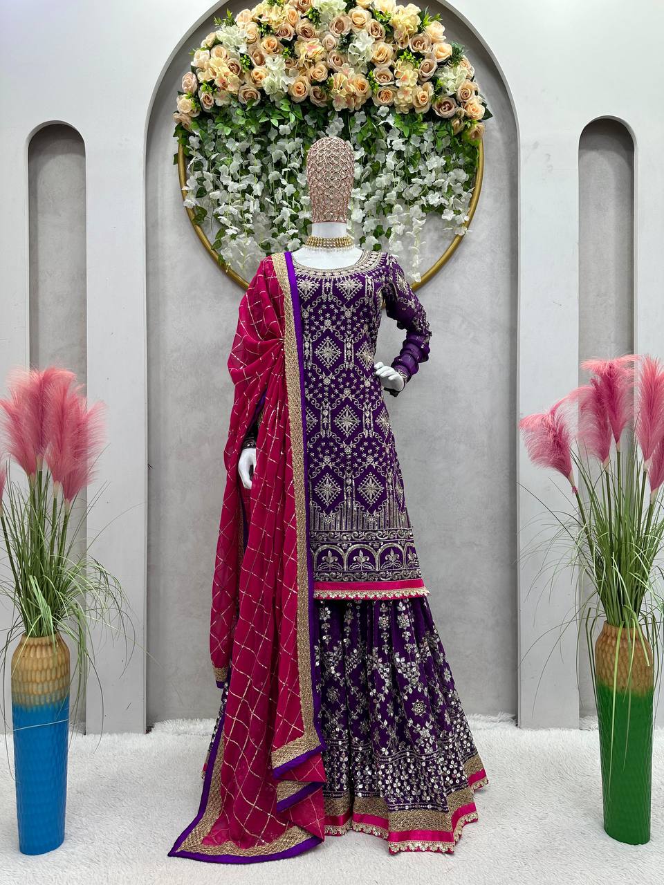 Purple Stylish Fox Georgette Sharara Set with Sequin, Thread & Dori Work Fancy Lace Border