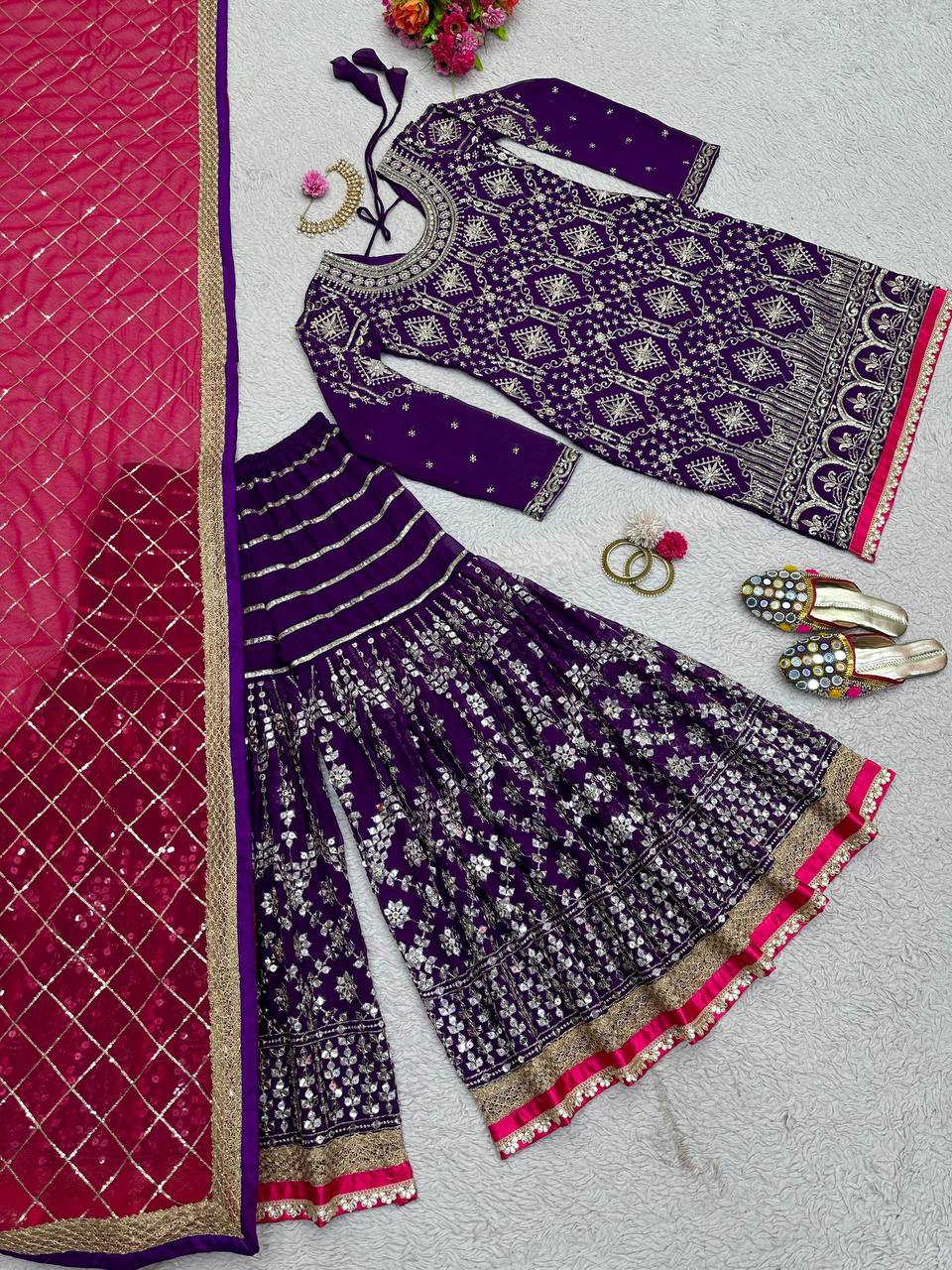 Purple Stylish Fox Georgette Sharara Set with Sequin, Thread & Dori Work Fancy Lace Border