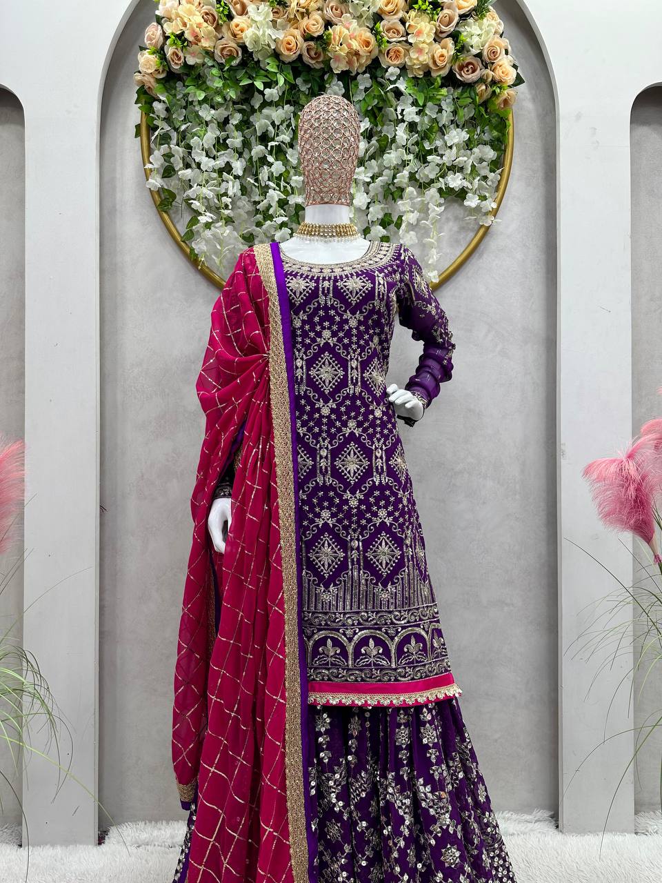 Purple Stylish Fox Georgette Sharara Set with Sequin, Thread & Dori Work Fancy Lace Border