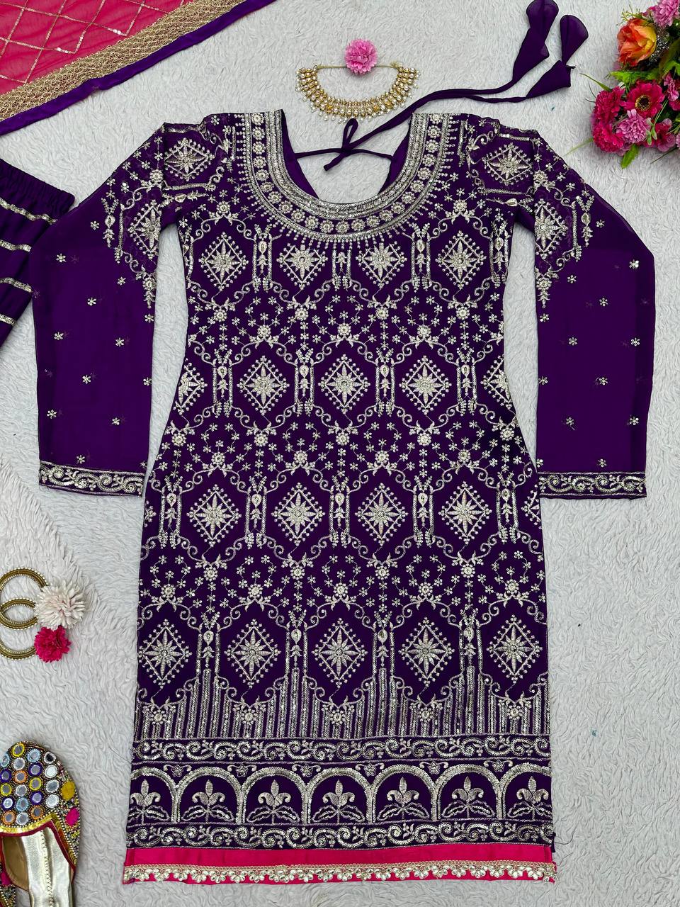 Purple Stylish Fox Georgette Sharara Set with Sequin, Thread & Dori Work Fancy Lace Border