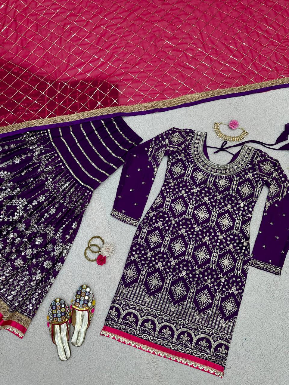 Purple Stylish Fox Georgette Sharara Set with Sequin, Thread & Dori Work Fancy Lace Border