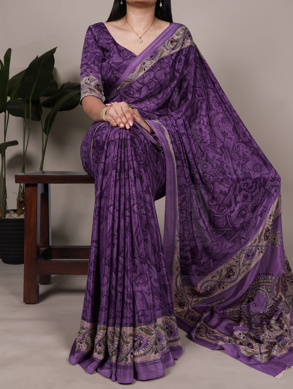 Purple Stylish Printed Crepe Saree with Matching Blouse Piece