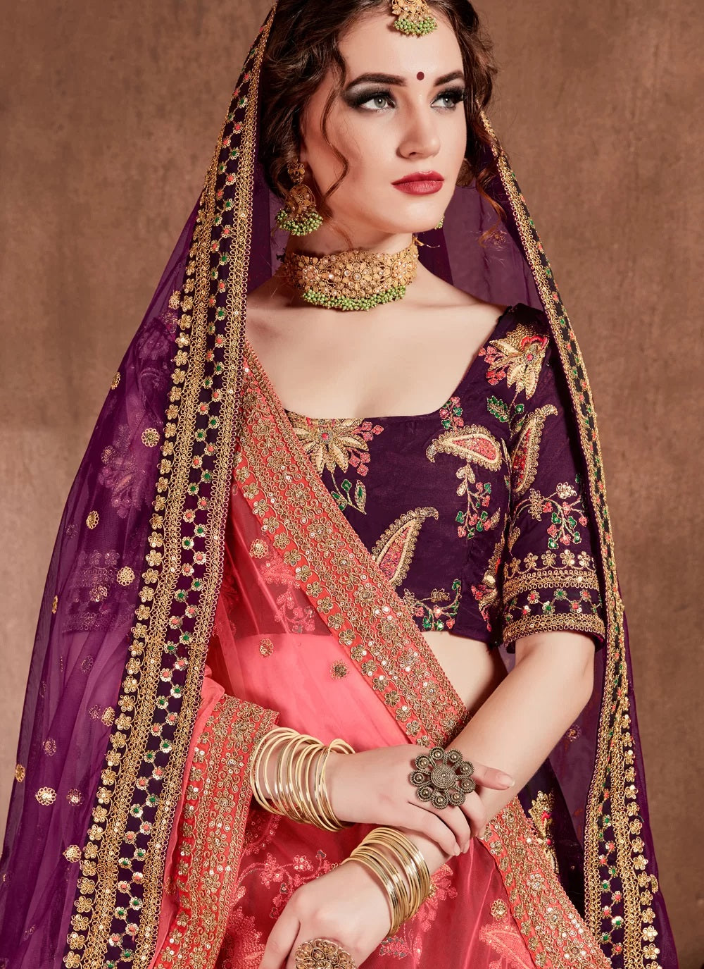 Purple taffeta silk reception lehenga