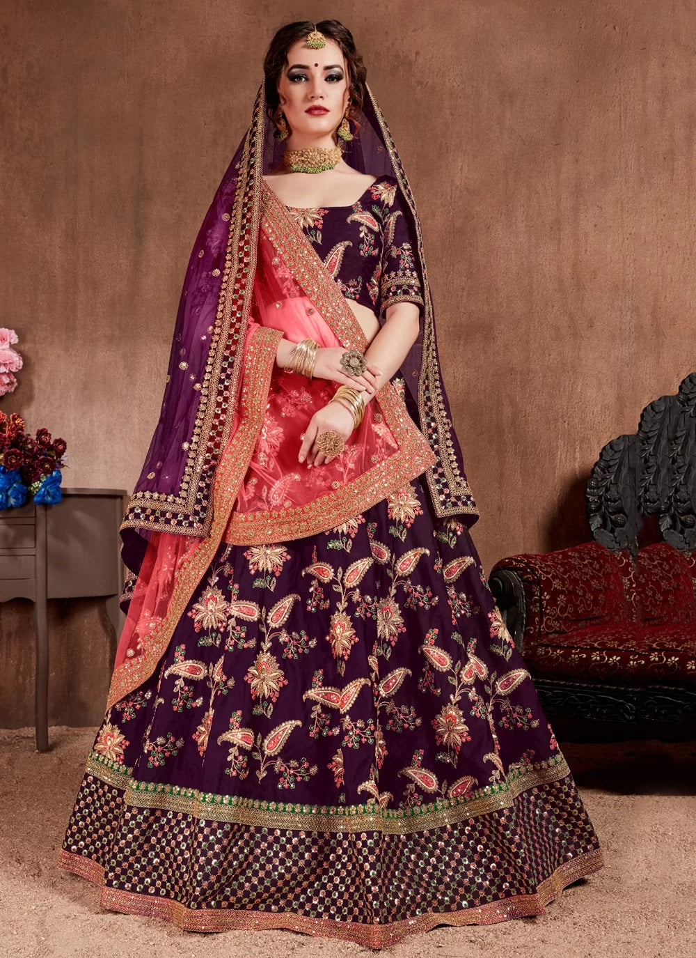 Purple taffeta silk reception lehenga