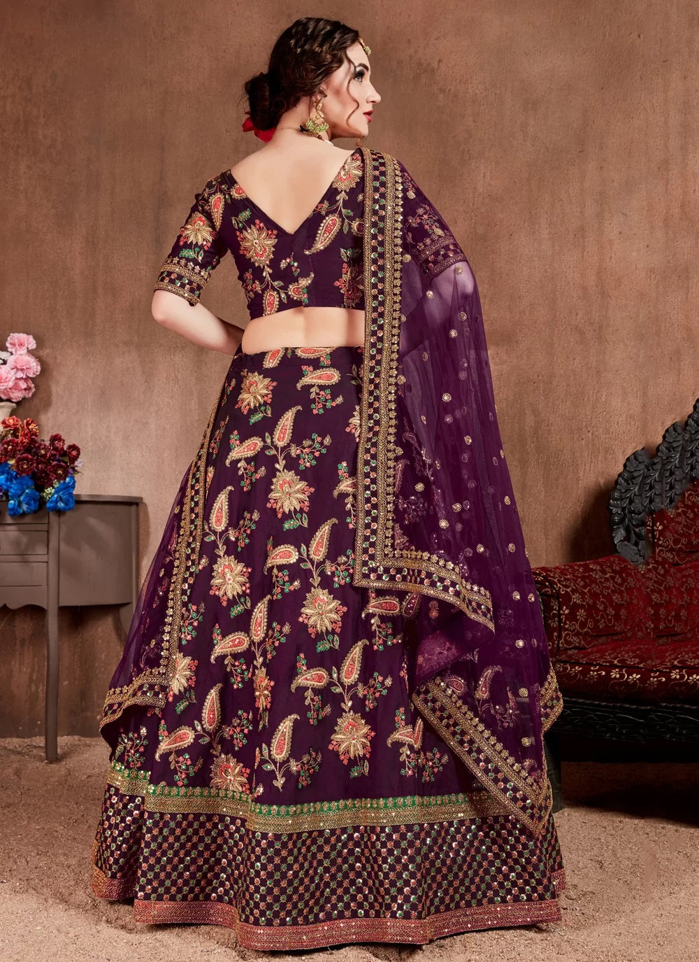 Purple taffeta silk reception lehenga