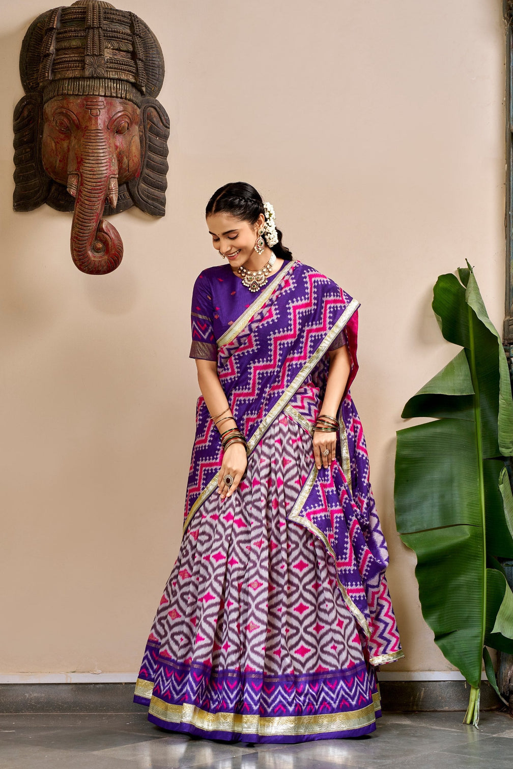 Purple Tasar Silk Foil Print Lehenga Set