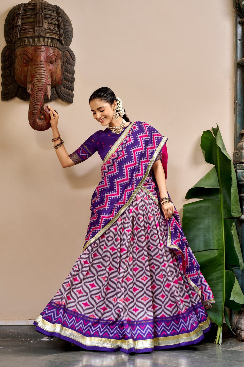 Purple Tasar Silk Foil Print Lehenga Set