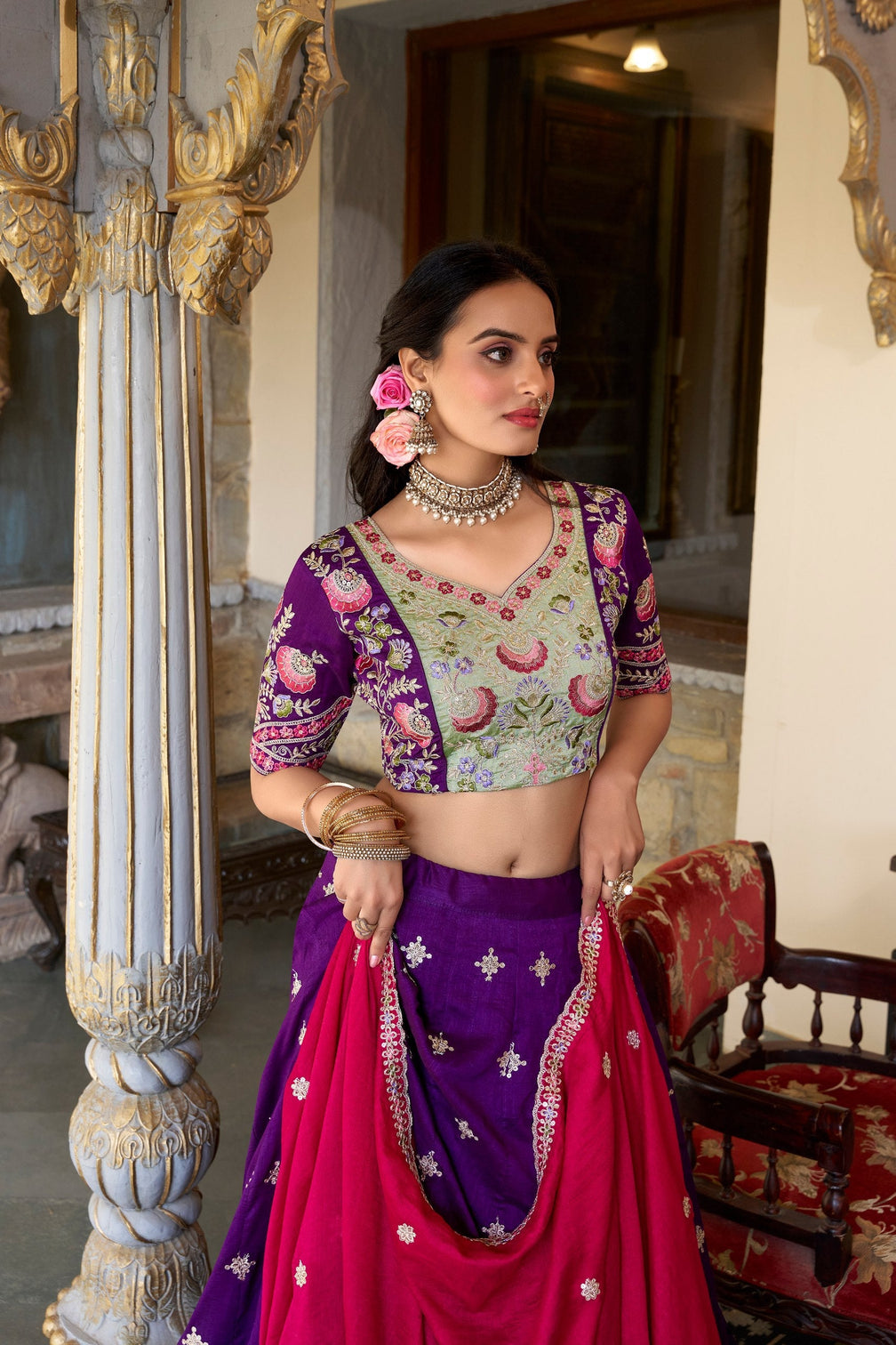 Purple Timeless Elegance – Vichitra Silk Embroidered Lehenga Set