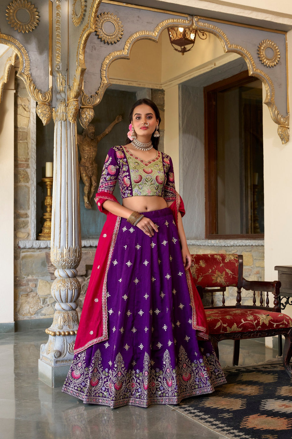 Purple Timeless Elegance – Vichitra Silk Embroidered Lehenga Set