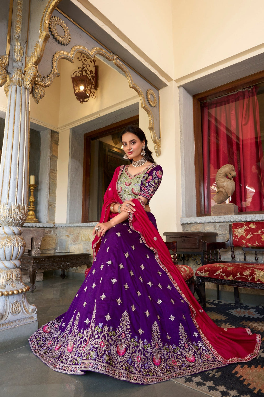 Purple Timeless Elegance – Vichitra Silk Embroidered Lehenga Set