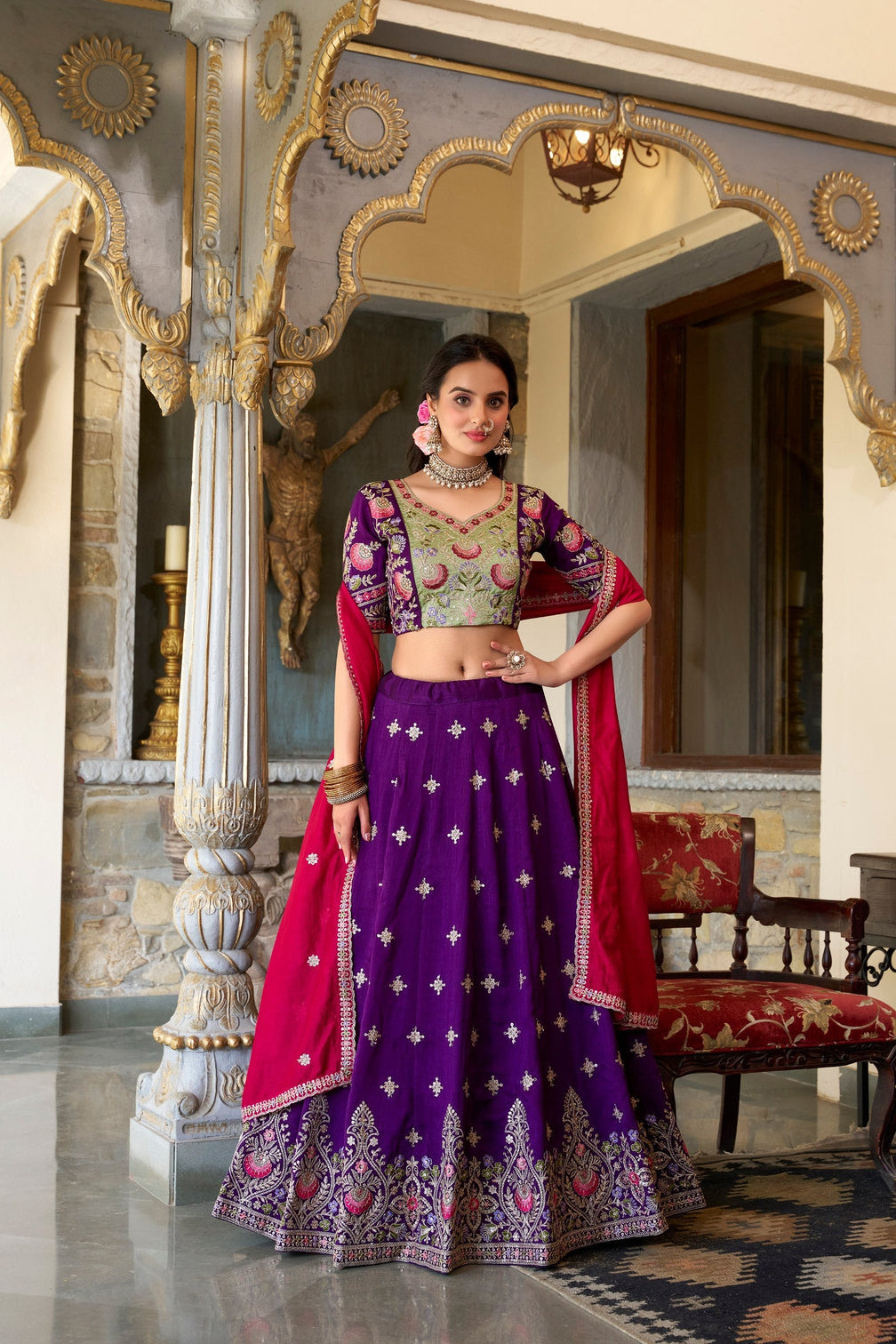 Purple Timeless Elegance – Vichitra Silk Embroidered Lehenga Set