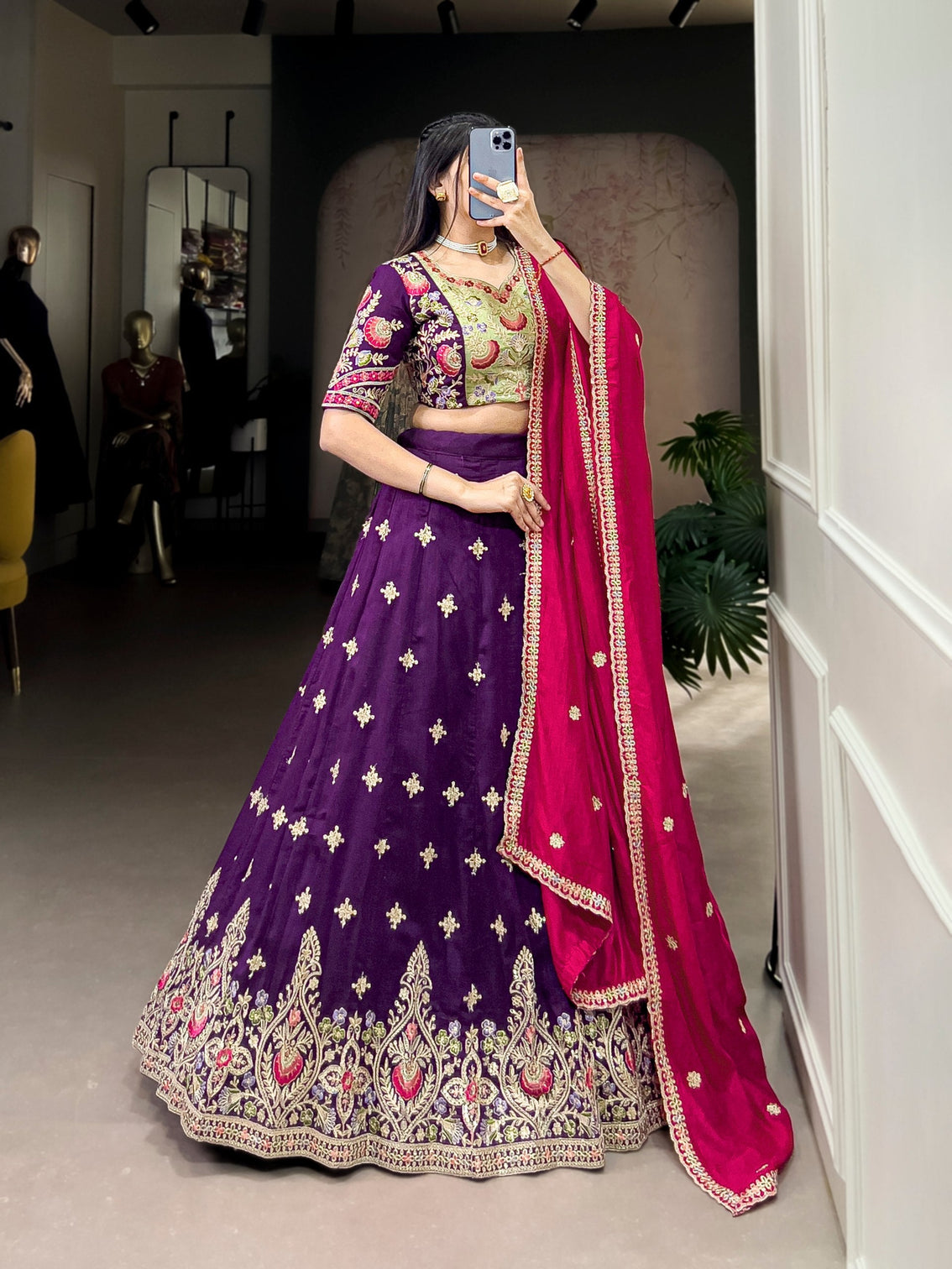 Purple Timeless Elegance – Vichitra Silk Embroidered Lehenga Set