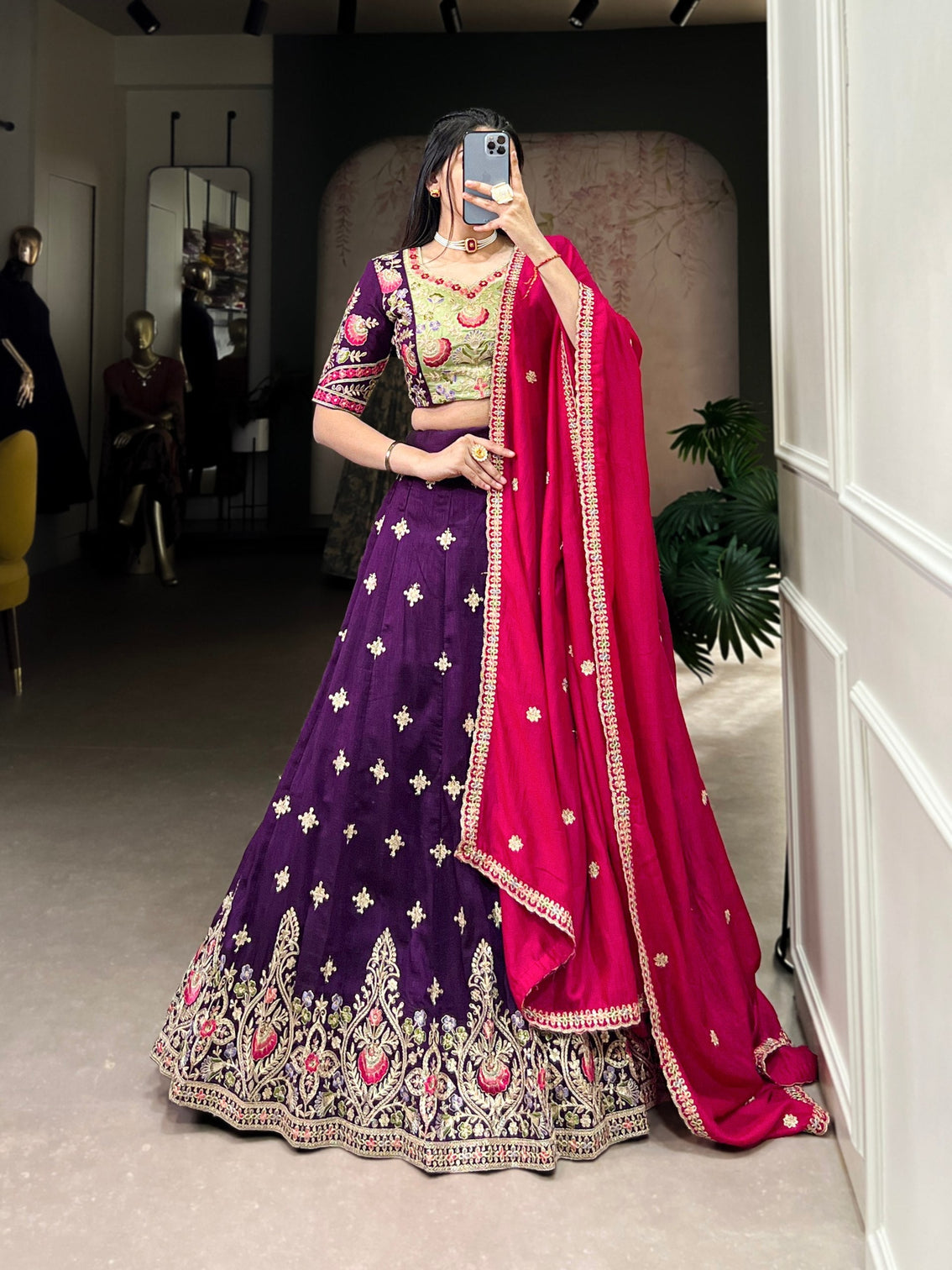 Purple Timeless Elegance – Vichitra Silk Embroidered Lehenga Set