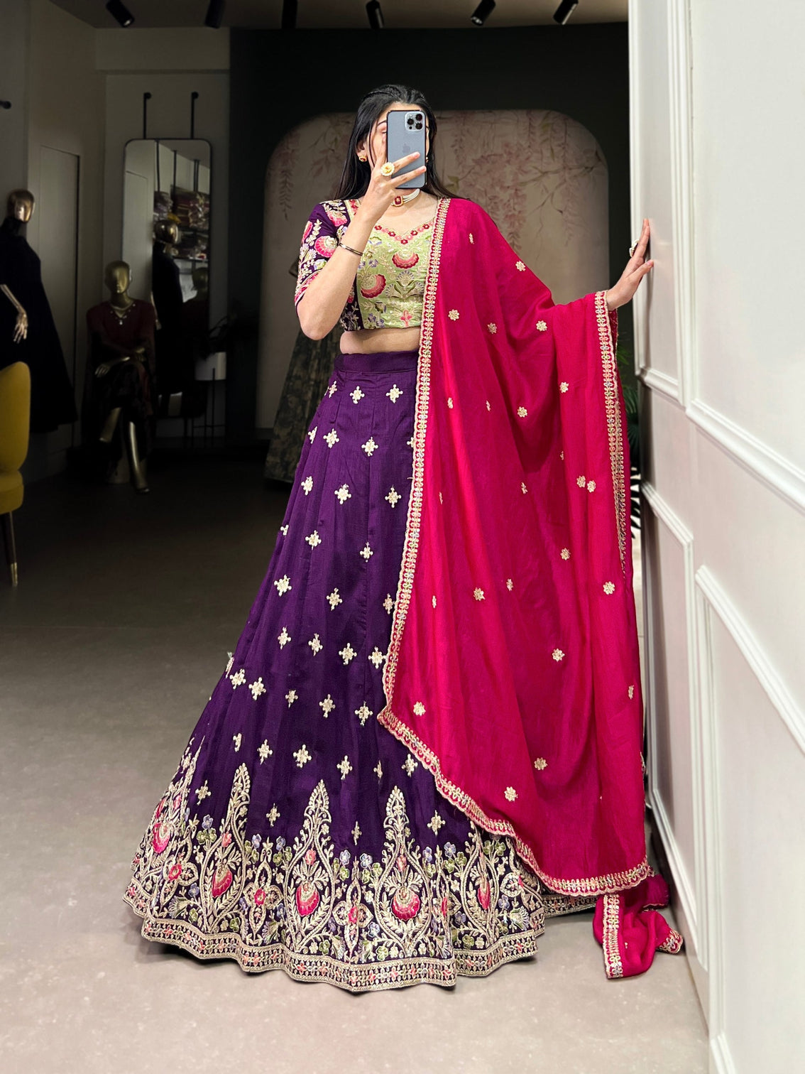 Purple Timeless Elegance – Vichitra Silk Embroidered Lehenga Set
