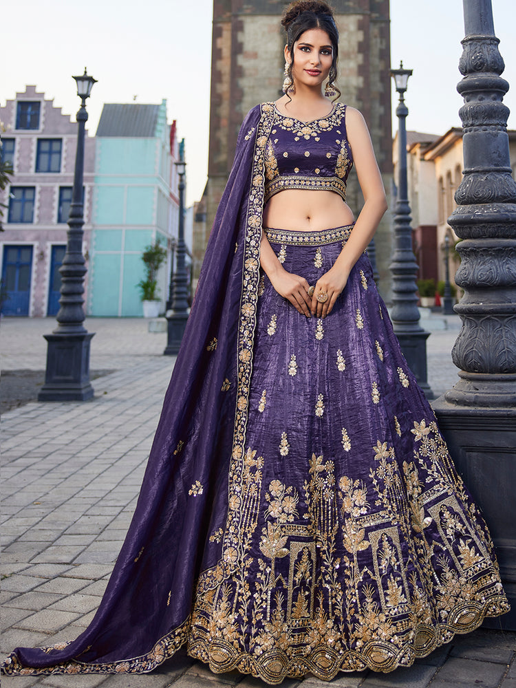 Purple Tissue Semi-Stitched Bridal Lehenga with Heavy Sequin, Moti, and Coding Embroidery Work