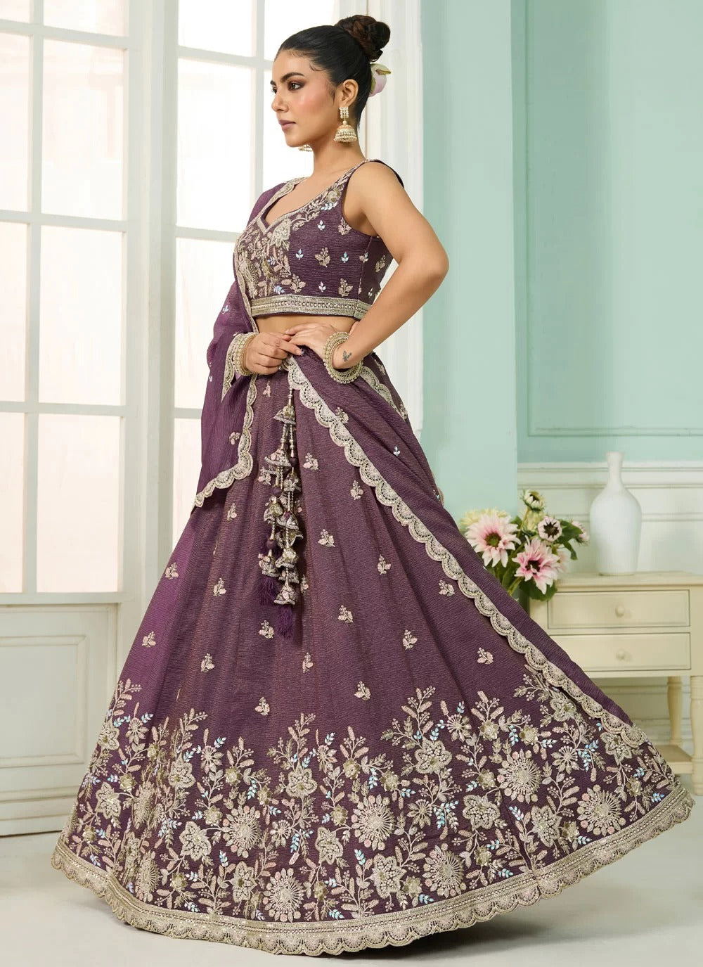 Enchanting purple tissue lehenga with sequin stone embroidery