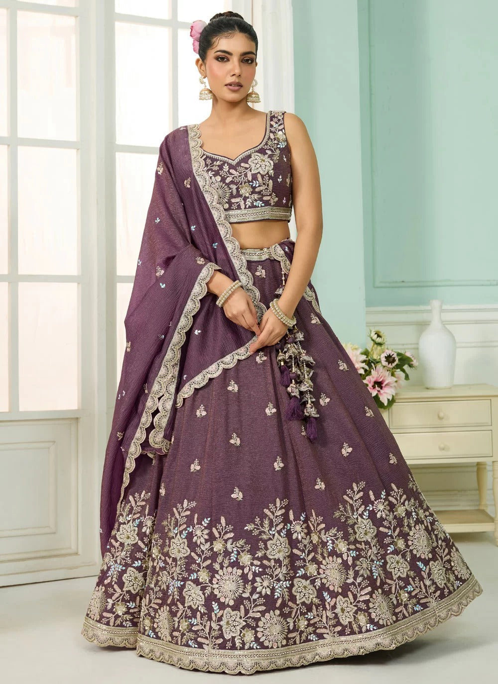 Enchanting purple tissue lehenga with sequin stone embroidery