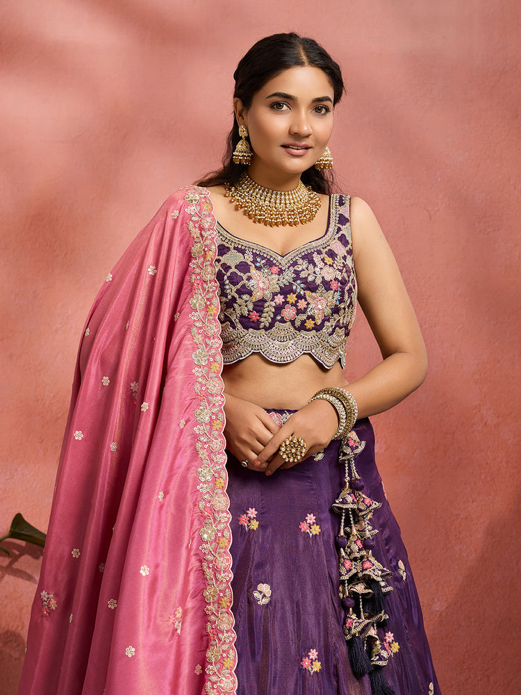 Tissue Sequins Embroidered Semi-Stitched Lehenga & Unstitched Blouse With Dupatta