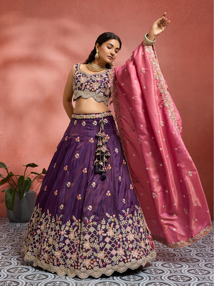 Tissue Sequins Embroidered Semi-Stitched Lehenga & Unstitched Blouse With Dupatta