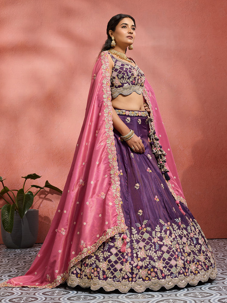 Tissue Sequins Embroidered Semi-Stitched Lehenga & Unstitched Blouse With Dupatta
