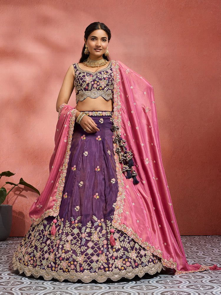 Tissue Sequins Embroidered Semi-Stitched Lehenga & Unstitched Blouse With Dupatta