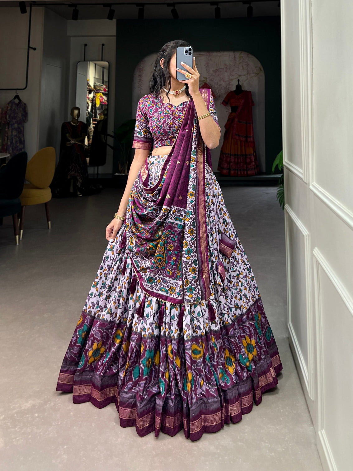 Purple Tussar Silk Lehenga Choli with Foil Print