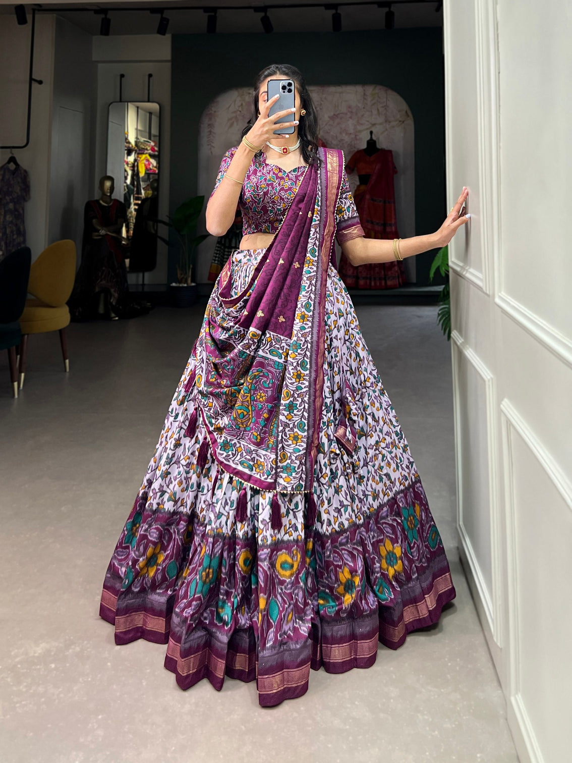 Purple Tussar Silk Lehenga Choli with Foil Print