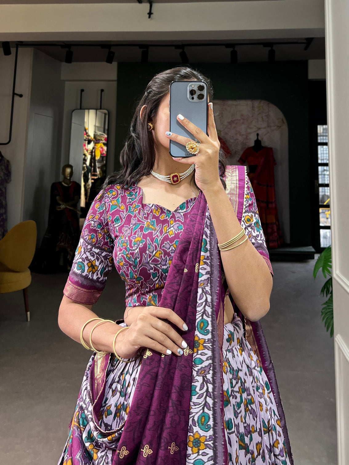 Purple Tussar Silk Lehenga Choli with Foil Print