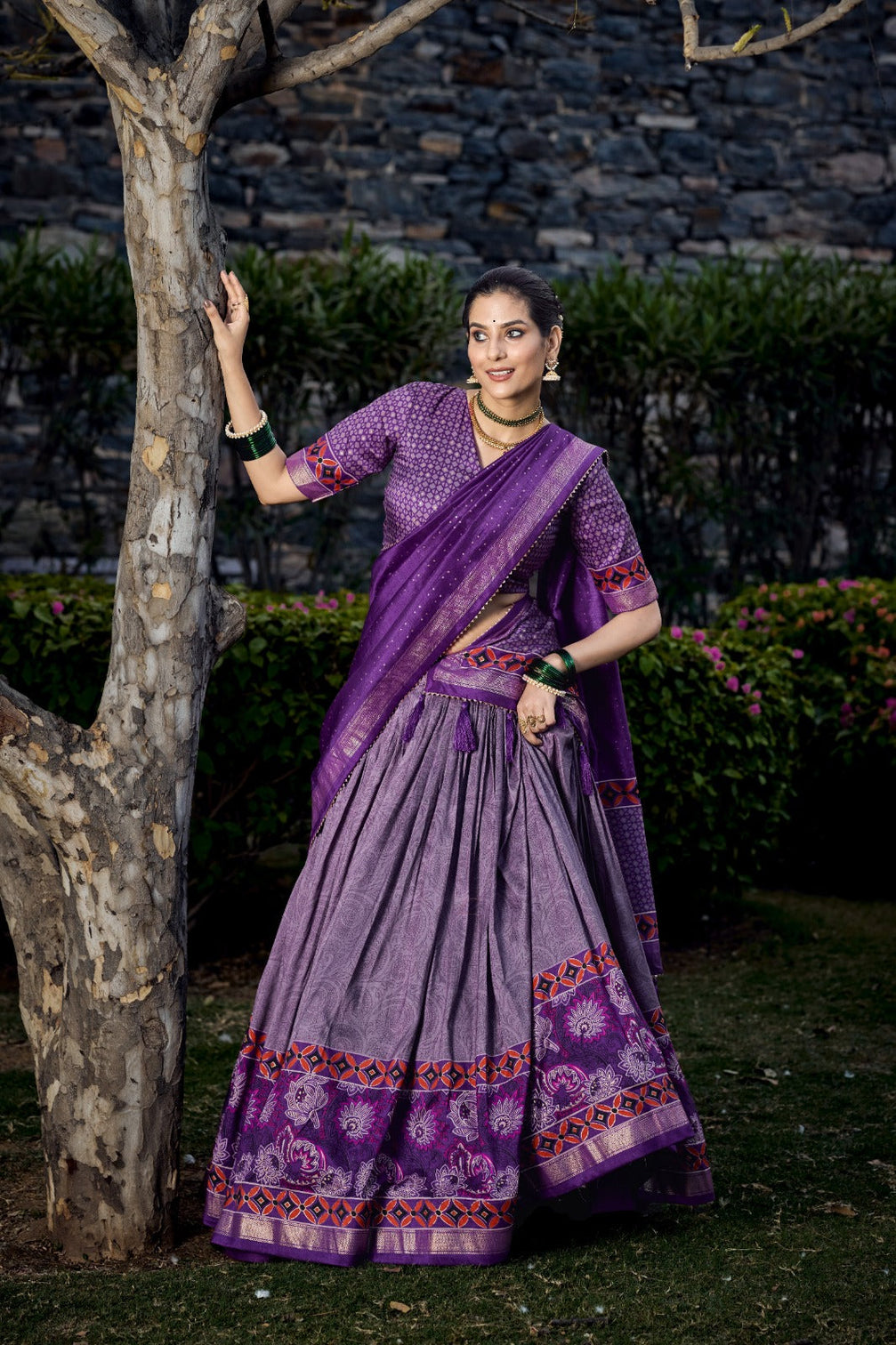 Purple Tussar Silk Lehenga Choli with Exquisite Foil Print Florals