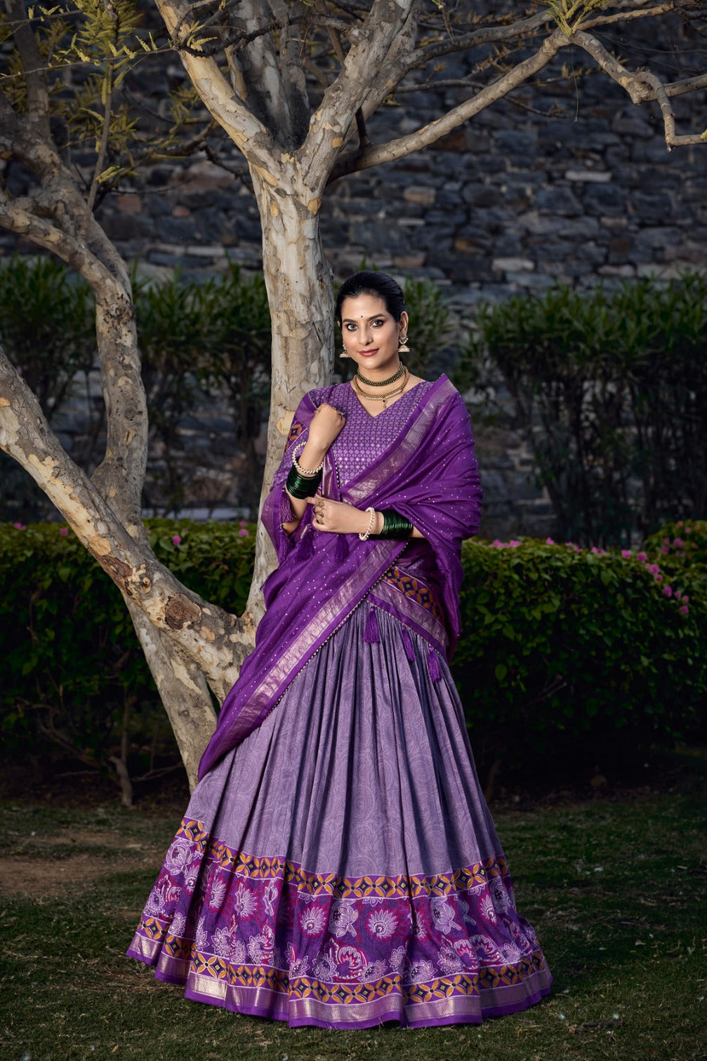 Purple Tussar Silk Lehenga Choli with Exquisite Foil Print Florals