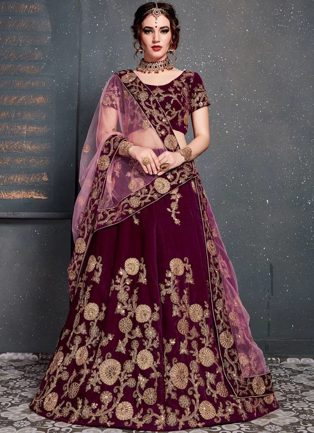 Purple velvet lehenga for bridal