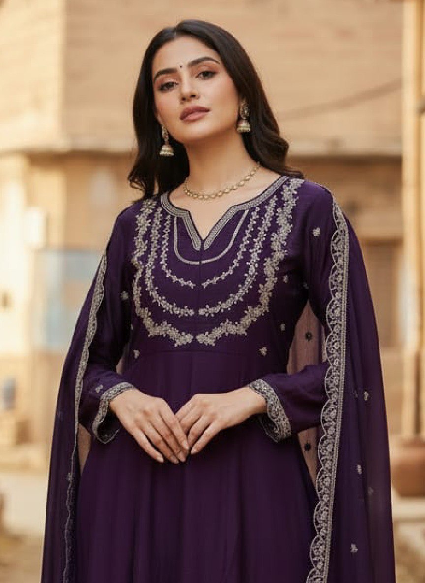 Purple Vichitra Embroidered Kurti Set with Dupatta