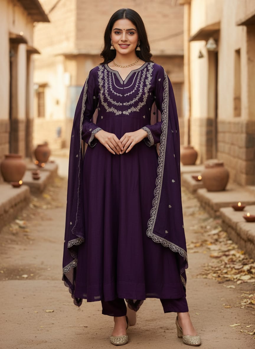Purple Vichitra Embroidered Kurti Set with Dupatta
