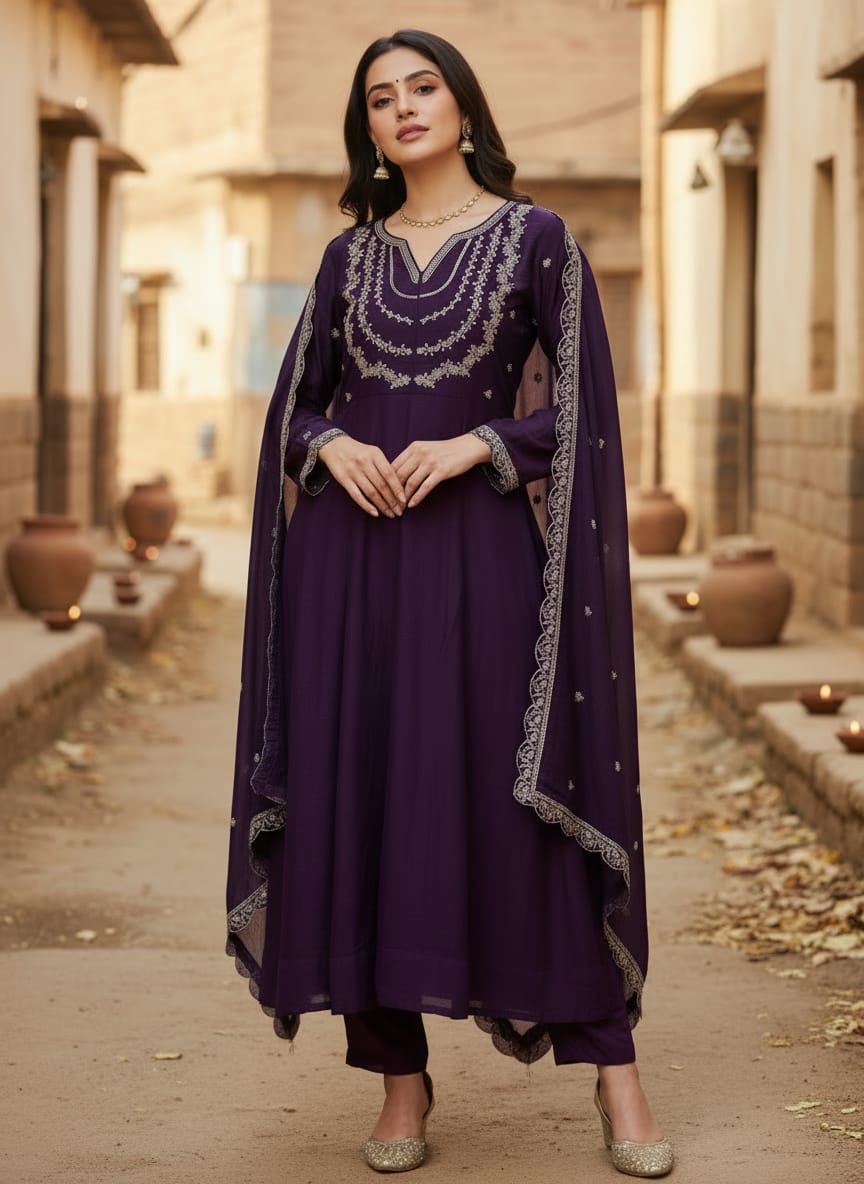Purple Vichitra Embroidered Kurti Set with Dupatta