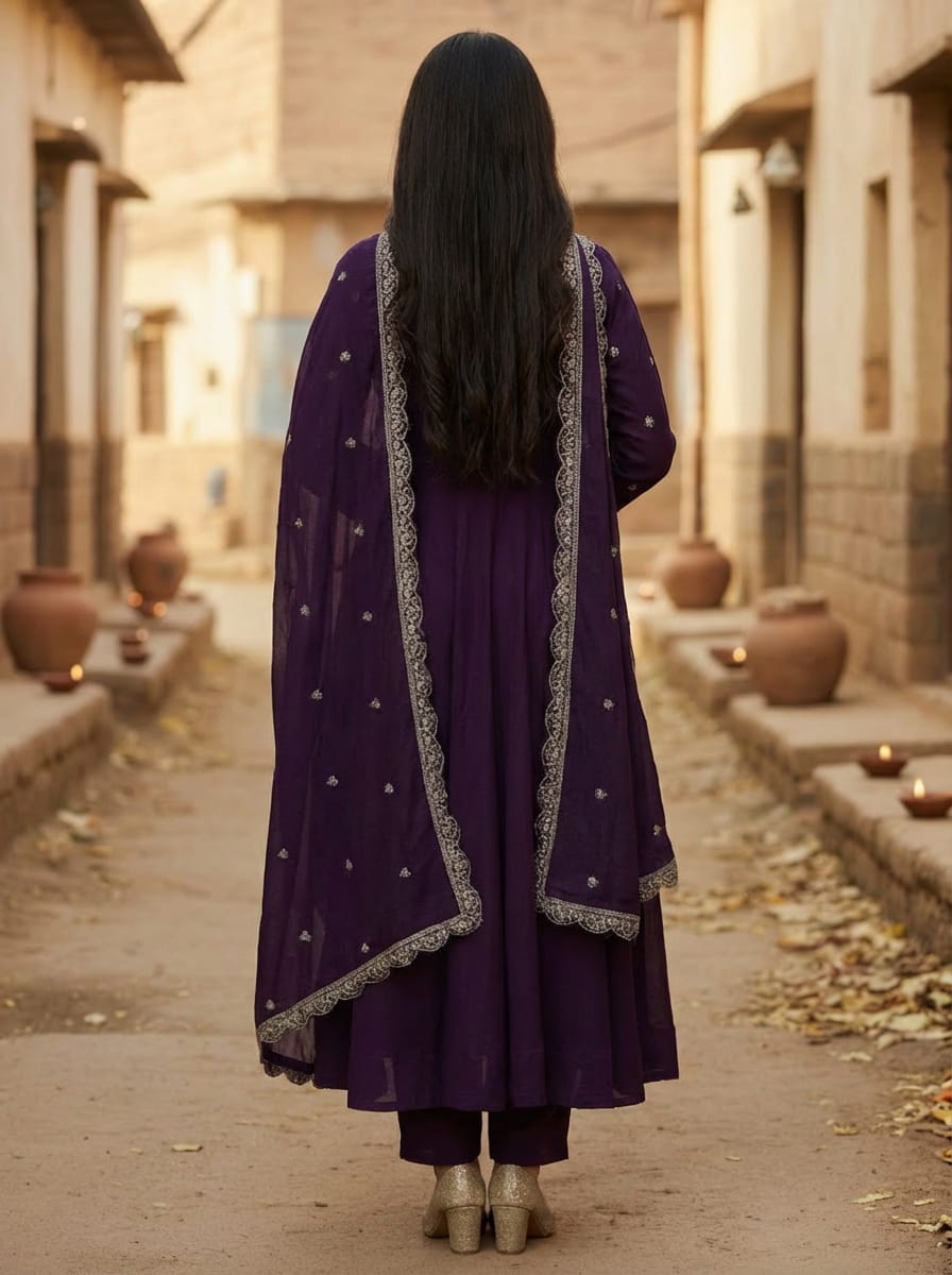Purple Vichitra Embroidered Kurti Set with Dupatta