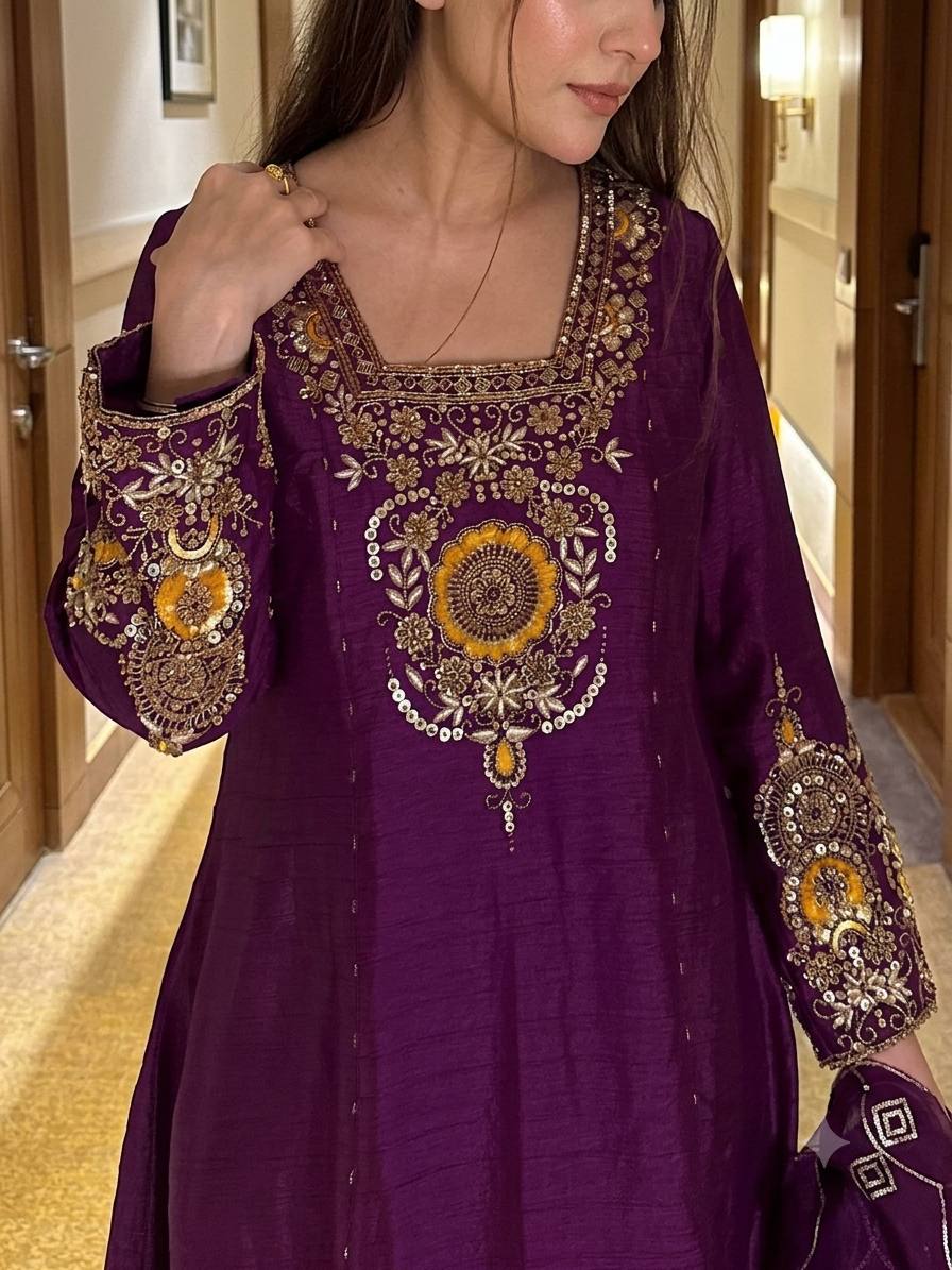 Purple Vichitra Silk Anarkali Suit Set