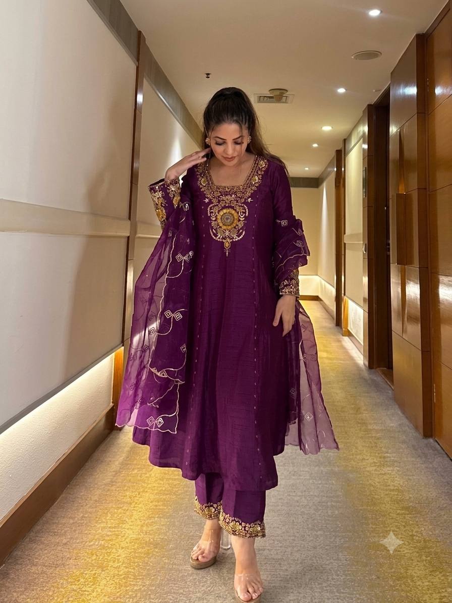 Purple Vichitra Silk Anarkali Suit Set