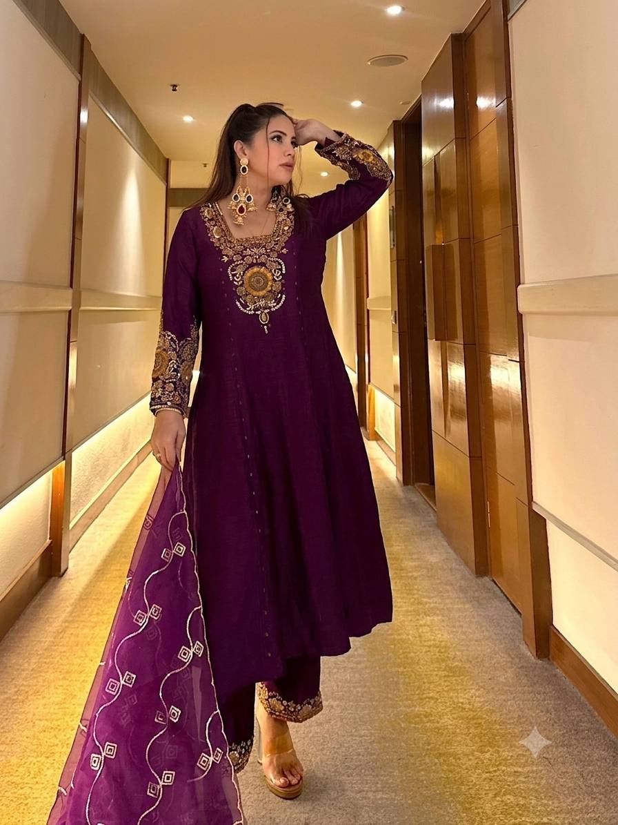 Purple Vichitra Silk Anarkali Suit Set